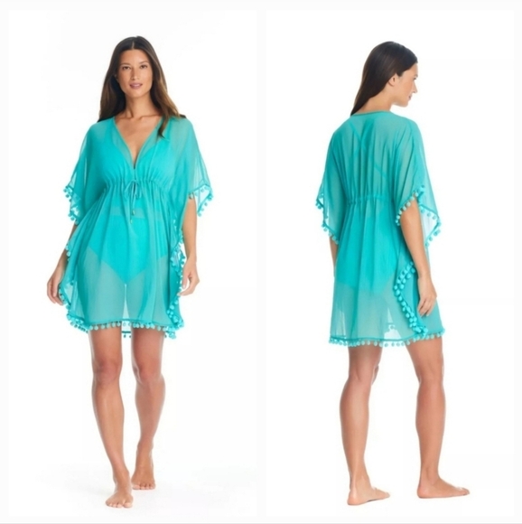 Bleu Rod Beattie Turquoise Pom Pom Trim Sheer Beach Cover Up Size S - Picture 1 of 9